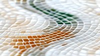 Abstract mosaic pattern with curved lines in white, green, and orange tones creating a flowing wave-like design with textured tile effect.