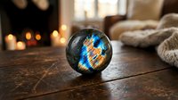 Crystal ball with rainbow reflections on wooden table in cozy living room with fireplace and candles creating warm atmospheric home decor scene.