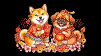 Two festive dogs in traditional red Chinese New Year outfits with gold coins, firecrackers, and cherry blossoms, isolated on transparent background, for stickers, sublimation, clipart.