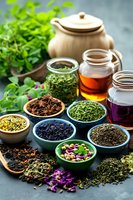 Variety of loose leaf herbal teas, dried flowers, and honey in jars arranged with ceramic teapot on dark background. Fresh herbs and aromatic spices for brewing.
