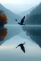 Seagull flying over calm mountain lake with perfect reflection in misty autumn morning creating serene nature scene for meditation and wellness content.