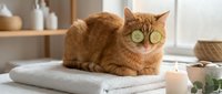 Relaxed orange tabby cat with cucumber slices on eyes enjoying spa treatment on white towels in modern bathroom setting for wellness and self-care.