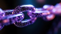 Glowing purple chain links with sparkle effect on dark background, macro photography showing metallic texture and reflective surface detail. Concept of strength and connection.