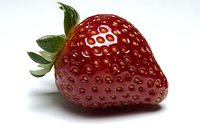 Fresh ripe strawberry with green leaves and white number 600 marking on red surface, isolated on white background for food industry and marketing designs.