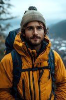 Young bearded man in yellow winter jacket and knit beanie enjoying outdoor adventure in mountains, carrying backpack for hiking and exploration.