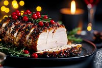 Glazed roasted pork loin with cranberries and rosemary on festive table with candles and bokeh lights for holiday dinner celebration.