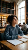 Young Hispanic woman student studying in historic university library with books and natural light from arched windows creating warm academic atmosphere.