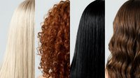 Four different hair textures and colors showcasing blonde straight, red curly, black sleek and brown wavy styles for beauty salon haircare concepts.