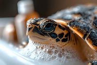 Close-up macro shot of sea turtle head emerging from soapy bubbles and foam, showing detailed eye and facial features in warm orange and blue tones.