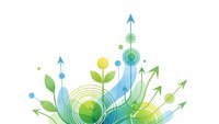 Green sustainable business growth concept with arrows, leaves and circular elements representing eco-friendly development and environmental progress.