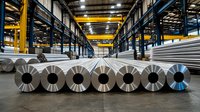Large industrial steel coils lined up in manufacturing warehouse with overhead crane system and metal storage racks, showing raw material production facility.