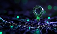 Glowing digital location pin made of dots floating above futuristic map with green bokeh lights, representing GPS navigation and smart city technology.