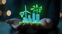 Glowing green hologram of sustainable city with wind turbines, solar panels and eco-friendly buildings floating above open palms against dark background.