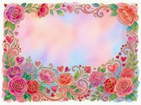 Floral frame with roses, hearts, and ornamental swirls on soft watercolor background. Isolated design element ready for greeting cards, invitations, and decorative projects.