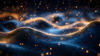 Magical cosmic waves with glowing golden particles flowing through dark blue space nebula, creating mesmerizing abstract celestial pattern for astronomy designs.
