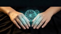 Hands of two people holding glowing digital astrology wheel with zodiac symbols and cosmic energy between palms against dark background for spirituality and fortune telling concepts.