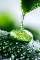 Water drop falling onto fresh green leaf with morning dew and bubbles in macro photography. Natural abstract background showing purity and freshness.
