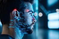 Caucasian man with beard in profile view with futuristic digital scanning interface projection on face, blue technology concept for facial recognition and AI.