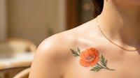 Young woman with fair skin displaying a colorful orange flower tattoo with green leaves on her shoulder, suitable for body art, wellness, and lifestyle content.