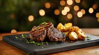 Grilled beef medallions with roasted potatoes served on black stone plate against warm bokeh lights background, garnished with fresh herbs and sauce.
