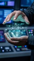 Hands holding glowing digital network with connected icons and data visualization between palms in control room setting for technology and innovation concepts.
