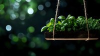 Fresh basil and herbs growing in wooden hanging planter against dark background with bokeh lights creating magical garden atmosphere. Perfect for culinary concepts.