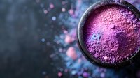 Pink cosmetic powder in wooden bowl with sparkling bokeh background for beauty and makeup applications.