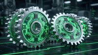 Metallic gears with green digital circuitry and glowing elements on dark background, representing technology, engineering, and industrial automation systems.