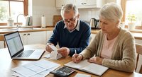 Senior Caucasian couple managing household finances together at kitchen table with laptop, calculator and paperwork for retirement planning.