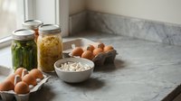 Fresh farm eggs and homemade preserves arranged on marble kitchen counter with natural window light creating warm cooking atmosphere for healthy recipes.