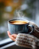 Steaming hot coffee in blue ceramic cup held by hands in cozy knit sweater against blurred winter window background, perfect for seasonal beverage advertising.