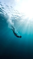 Freediver silhouette swimming underwater with sunlight rays penetrating turquoise ocean water creating dramatic lighting and bubbles for marine sports content.