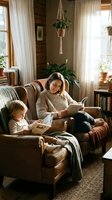 Mother and toddler reading books together on cozy leather armchair in warm living room with plants and natural light streaming through windows.