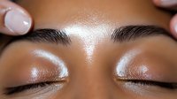 Close-up of mixed race woman's closed eyes with glowing, dewy skin and perfectly groomed eyebrows showcasing natural makeup and skincare results.