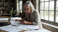 Senior Caucasian woman with gray hair and glasses reviewing financial documents and paperwork at home kitchen table near window for retirement planning.