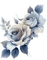Elegant gray-blue roses with detailed petals and leaves on white background, isolated floral design element for wedding stationery and romantic decorative projects.