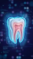 Futuristic glowing tooth cross-section with neon blue outline showing internal anatomy on dark digital background for dental healthcare technology concepts.