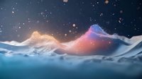 Mystical winter mountain landscape with glowing peaks under starry night sky, ethereal mist and magical light effects creating dreamy atmosphere.