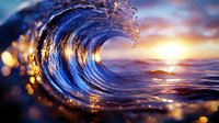 Dramatic ocean wave curling at sunset with golden light shining through water droplets, creating magical bokeh effect against vibrant orange and purple sky.