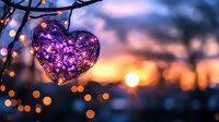 Glowing purple heart-shaped light decoration against sunset sky with bokeh lights creating romantic atmosphere. Perfect for Valentine's Day or wedding designs.