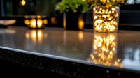 Glowing glass candle holder on dark reflective surface creates magical bokeh light effect with warm golden illumination in evening atmosphere.