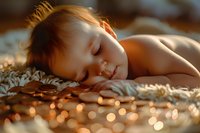 Peaceful sleeping Caucasian toddler boy in warm golden sunlight with bokeh effect, lying on soft textured bedding. Gentle natural lighting creates dreamy atmosphere.