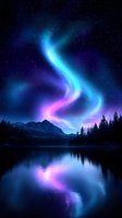 Vibrant aurora borealis with blue and pink colors dancing over mountain lake at night, reflecting in still water surface among silhouetted pine forest landscape.