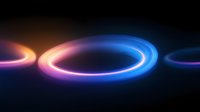 Glowing neon rings with vibrant blue and pink light trails floating in dark space create dynamic motion effect, abstract modern background for technology designs.