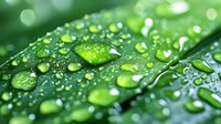 Macro photography of water droplets on green leaf surface showing natural water repellent effect with bokeh background, demonstrating hydrophobic properties.
