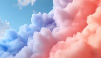 Dreamy cotton candy clouds in soft pastel colors of blue, purple, and coral pink create ethereal atmospheric background for creative designs and wallpapers.