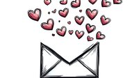 Hand drawn envelope with pink hearts floating upward in romantic pattern on white background, isolated design element for Valentine cards and love messages.
