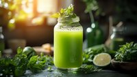 Fresh green smoothie in mason jar with mint leaves and lime on wooden table with natural sunlight for healthy lifestyle and detox diet concept.