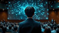 Asian businessman facing audience in conference hall with glowing network visualization, digital transformation concept shown on large screen during corporate presentation.