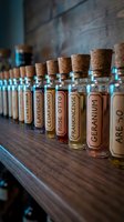 Row of small glass bottles with cork stoppers containing various dried herbs and botanical ingredients labeled with names like lavender, cedarwood, rose otto, and geranium, arranged on wooden surface for apothecary, wellness, or aromatherapy design projects.